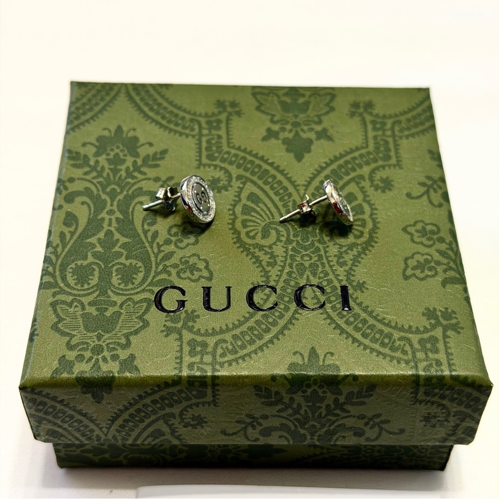 Gucci Interlocking G Crystal Earrings Sterling Silver Studs Authentic Gucci New - Picture 5 of 10